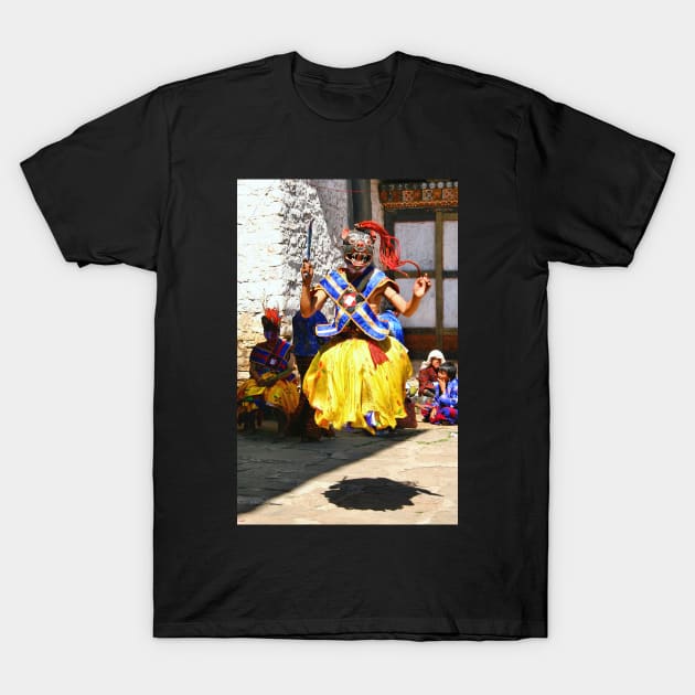 Leaping Masked Monk, Bhutan T-Shirt by Carole-Anne